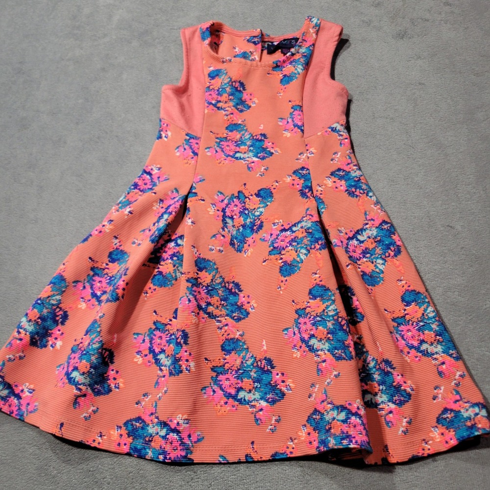 Weavers Girl Girls Dress‎ 6 Coral Blue Floral Fit Flare Textured Ribbed Party